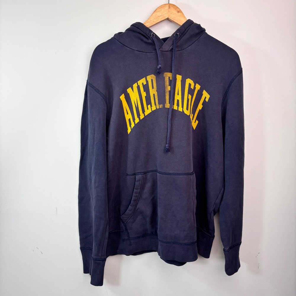 Y2K American Eagle Hoodie Large Navy Gold Spellout College Skater Grunge AE